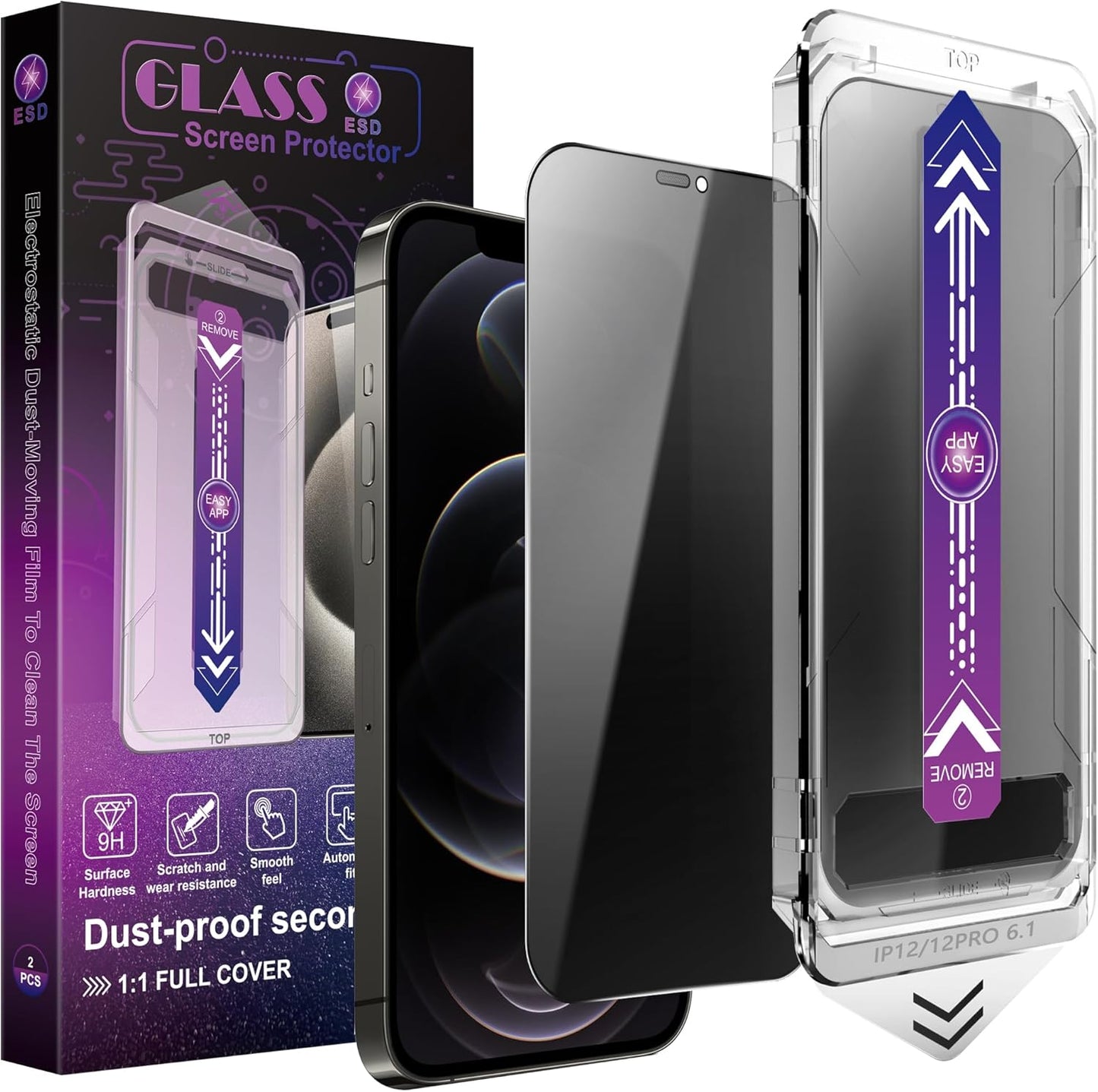 2 Pack Privacy Screen Protector for iPhone 12 Pro/iPhone 12, 9H Tempered Glass, Full Coverage, Anti-Fingerprint, Auto Dust-Elimination, No Bubble, Easy Installation