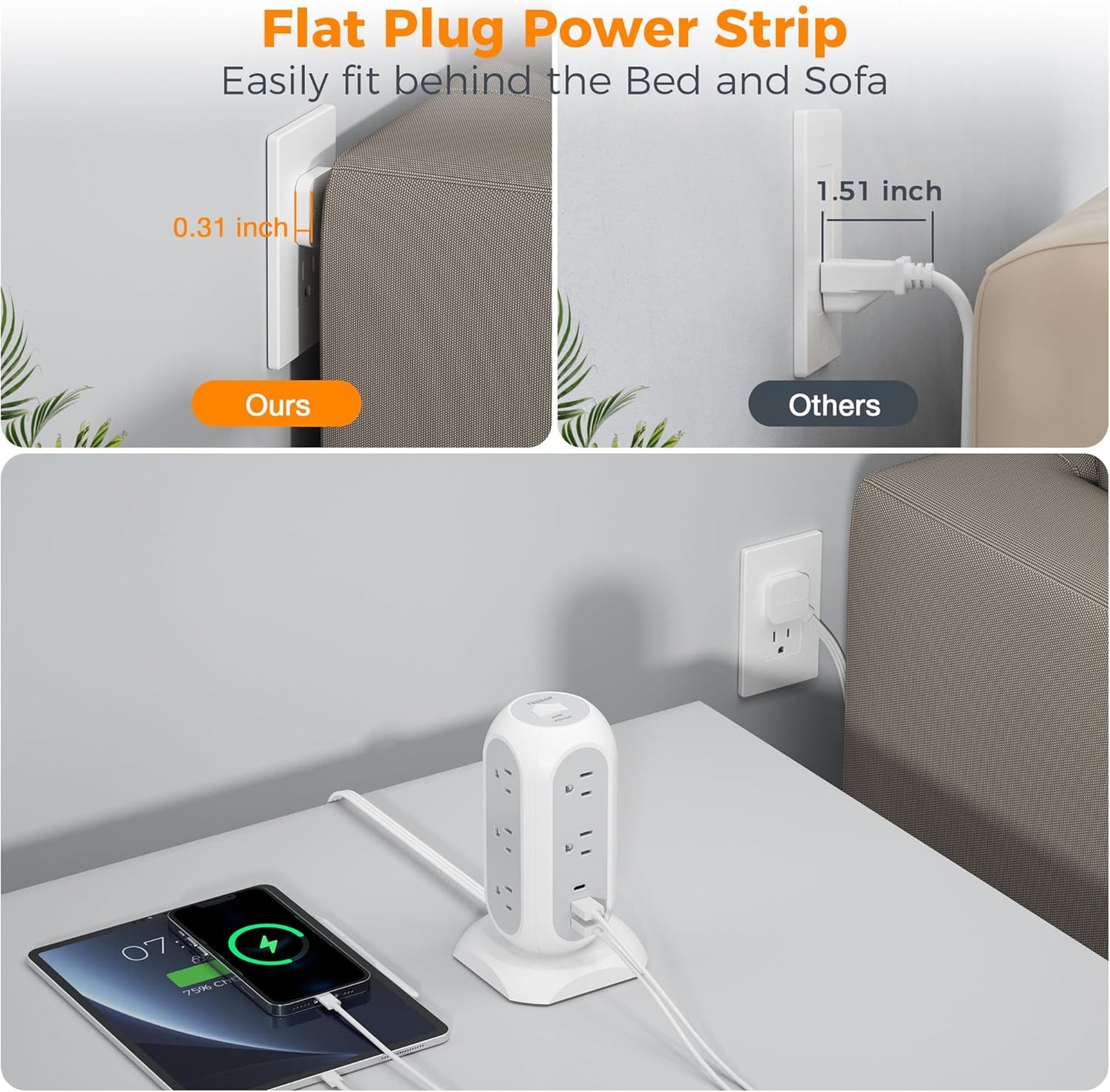 Tower Power Strip Flat Plug with 11 Outlets 3 USB (1 USB C), TESSAN Surge Protector Tower 1625W/13A,1050J Protection, 6 Feet Extension Cord with Multiple Outlets, Office Desk Supplies, Dorm Essentials