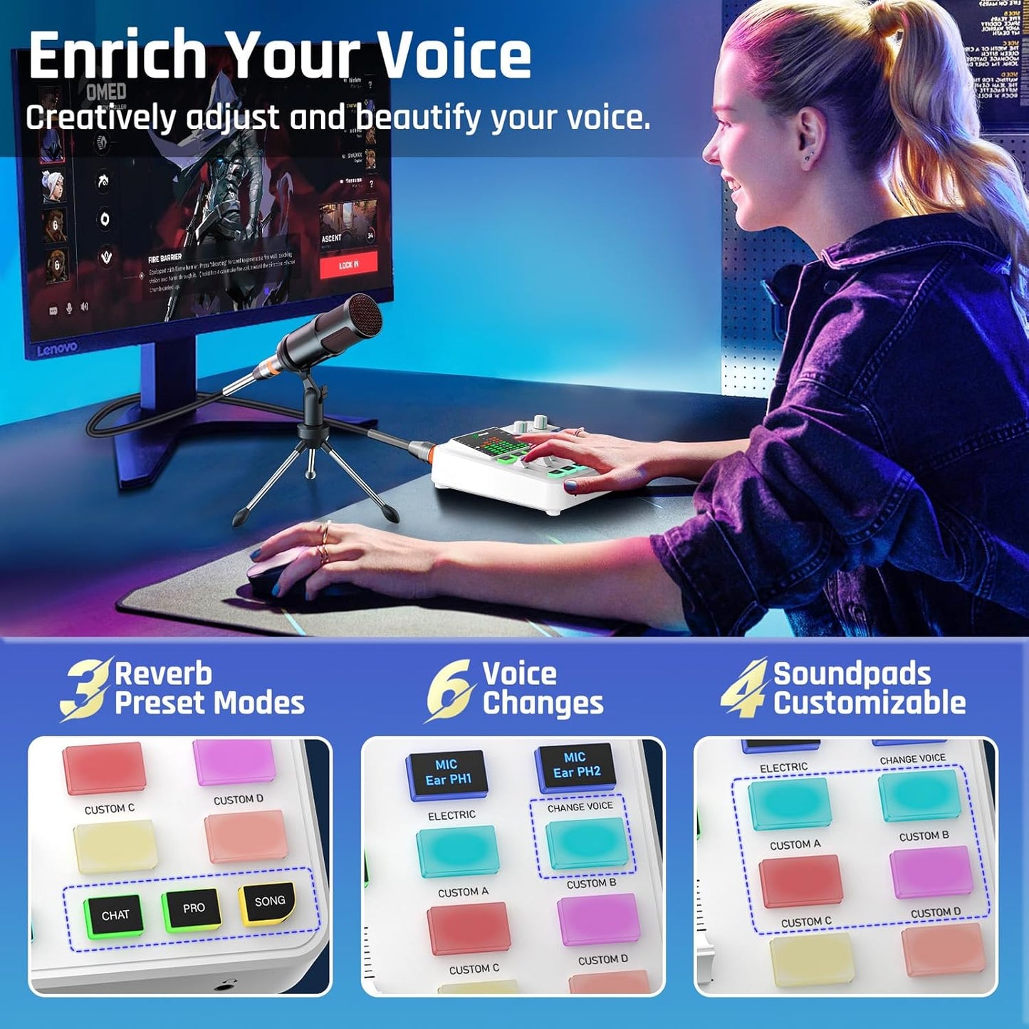 PUPGSIS qwe Gaming Audio Mixer, Audio Interface for PC/Podcast/Streaming, Sound Board with 3.5mm/XLR Mic Input, 48V Phantom Power, Voice Changer, Live Sound Card with DJ Mixer Effects(White)