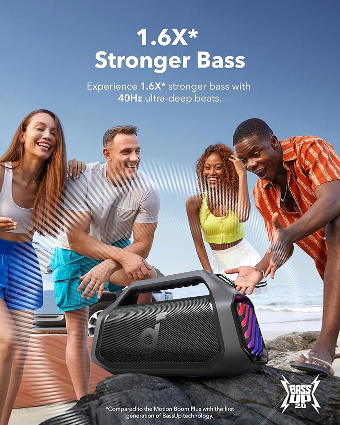 Soundcore Boom 2 Plus Portable Speaker by Anker, 140W, 2+2 Channel, BassUp 2.0, 20H Playtime, Fast Charge, IPX7 Waterproof, RGB Lights, Power Bank, Bluetooth 5.3, Outdoor Speakers, Camping, Beach