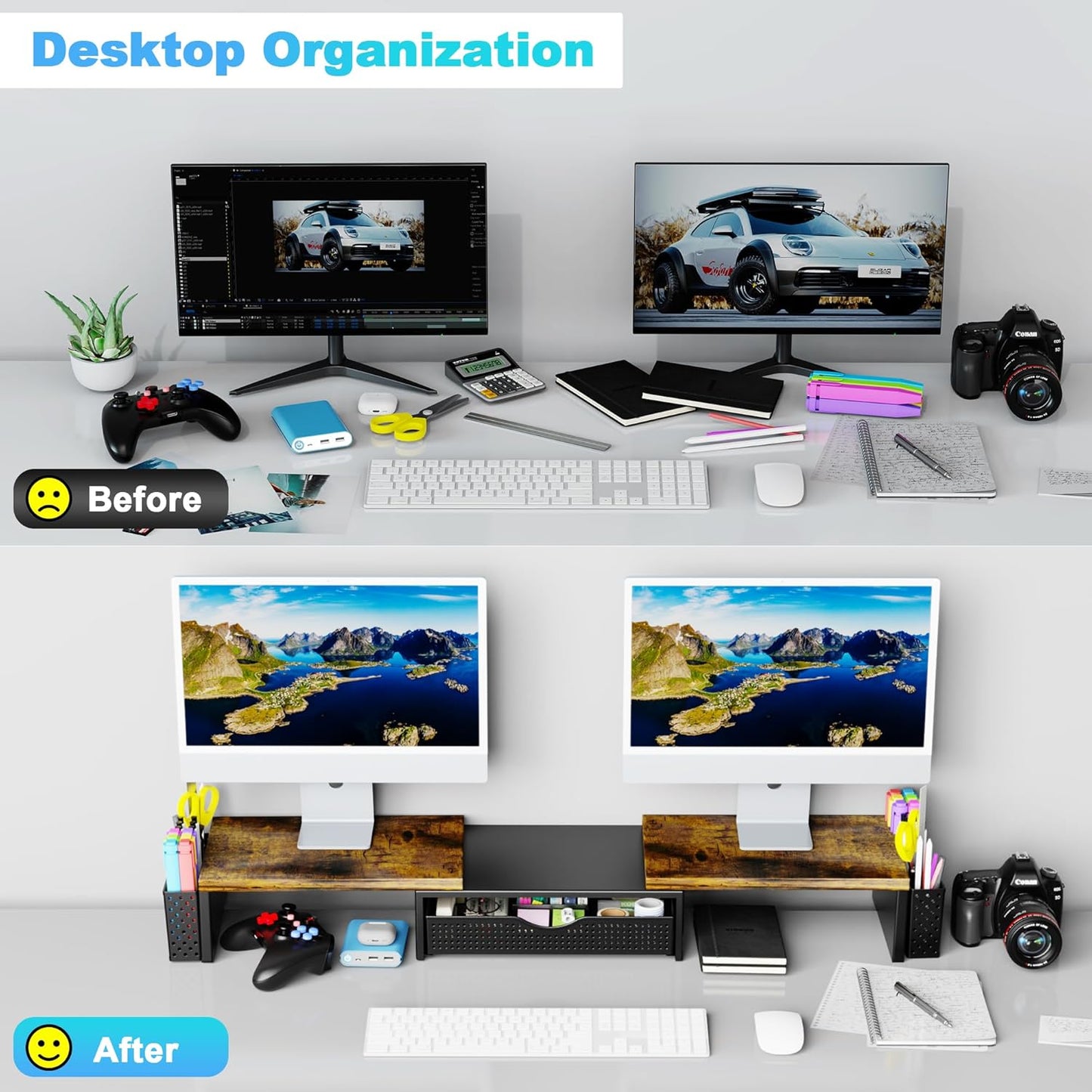 Spacrea Metal Desk Organizers and Accessories, Dual Monitor Stand Riser with Drawer and 2 Pen Holders, Desk Accessories & Workspace Desktop Organizers for Office Supplies (Wood)