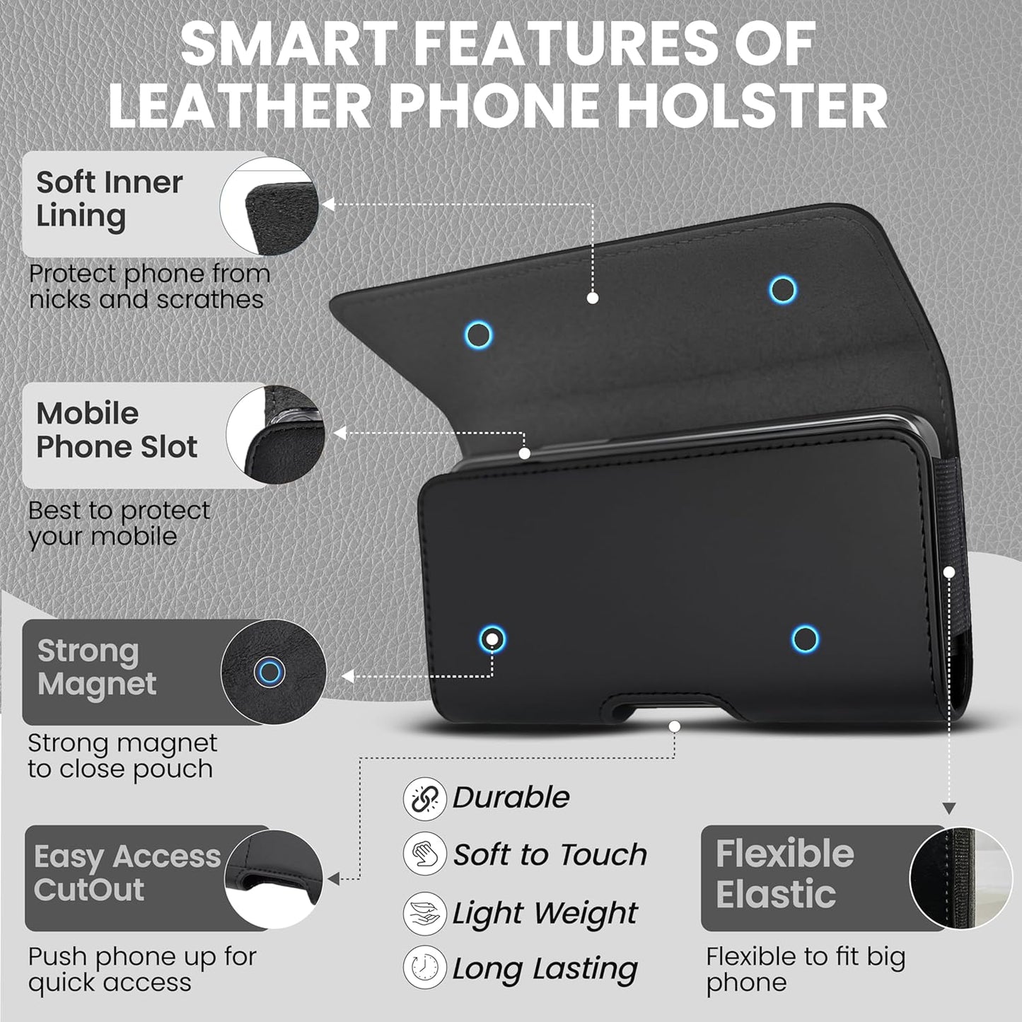 Leather Phone Holster for Men & Women, Horizontal Cell Phone Case - Fits iPhone Air 2025, 16/15/14 Plus/11 Pro Max, XS Max, Belt Clip/Loop Carrying Phone Pouch Holder, Black Large.