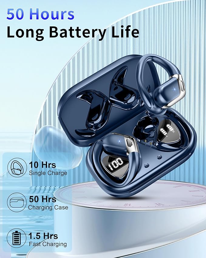 Wireless Earbud, Bluetooth 5.4 Headphones IP7 Waterproof for Sport, 50H Running Wireless Earphones with ENC Noise Cancelling Mic, Deep Bass Over Ear bud with Earhooks for Android, iOS, Workout, Gym