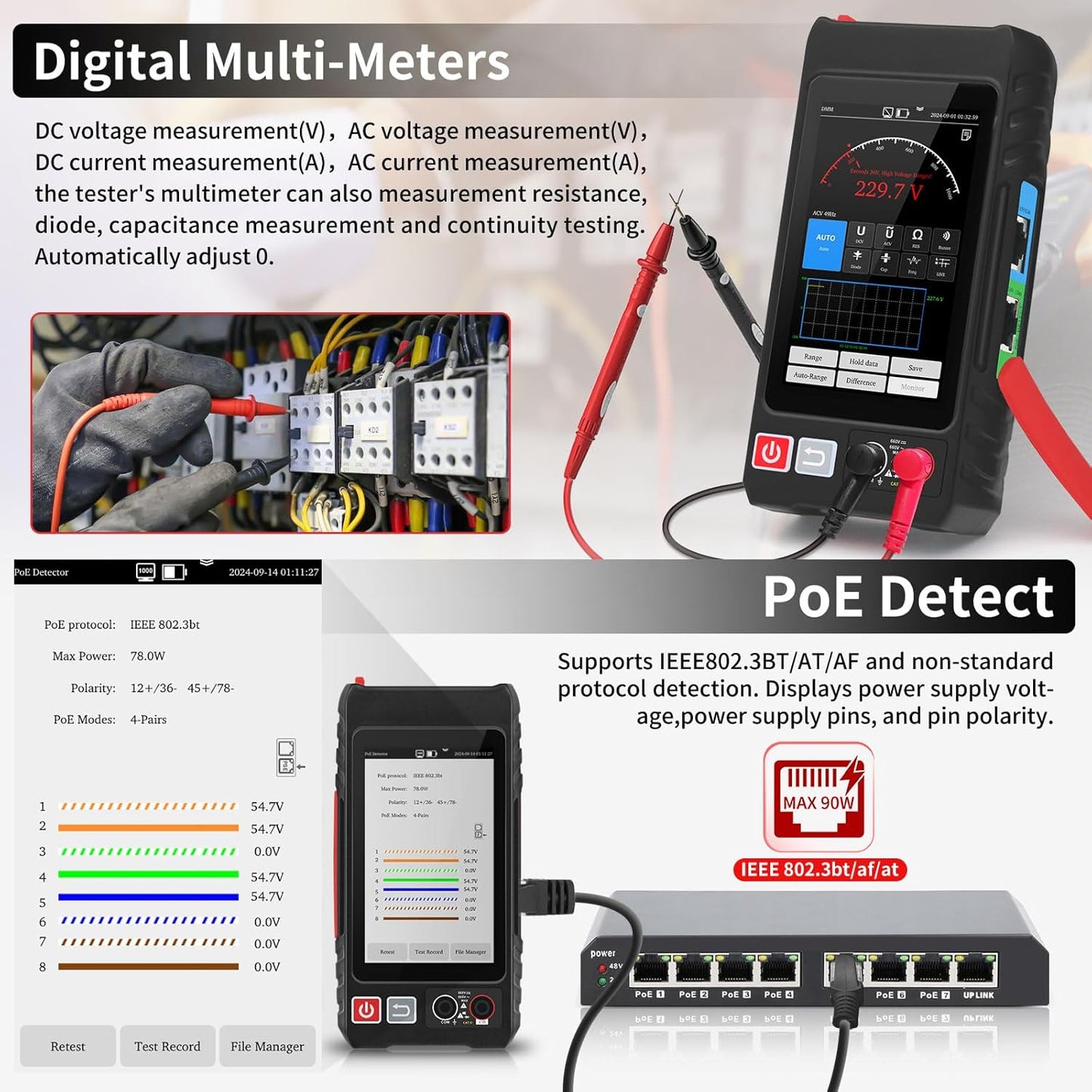 Multifunction RJ45 Network Caber Tester,Full Features UTP Cable Tester Cable Tracer,4" IPS Touch Screen Support TDR,DMM, VFL,OPM, POE++ Detect,Level Meter,Network Tools,RJ45 TDR, Cable Length,NCV