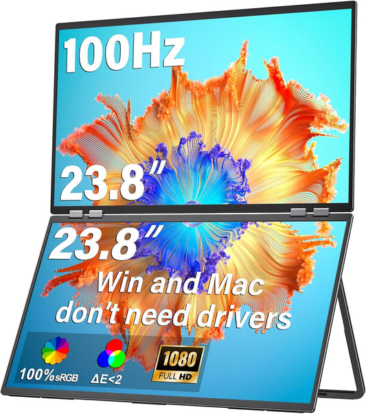 InnoView 23.8" FHD 100Hz Dual Monitor Built-in Speakers 315°Adjustable 100% sRGB Double Monitor Extendrer for Windows Mac w/HDMI Type-C Work Office Triple Monitors