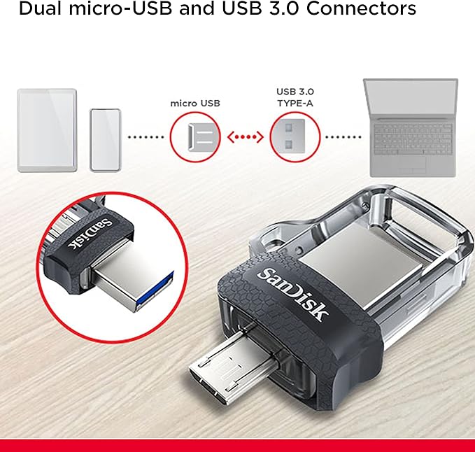 SANDISK 128GB Ultra Dual Drive m3.0, microUSB and USB Type-A, High-speed USB 3.0, Retractable design for Android Devices and Computers - SDDD3-128G-G46, Black