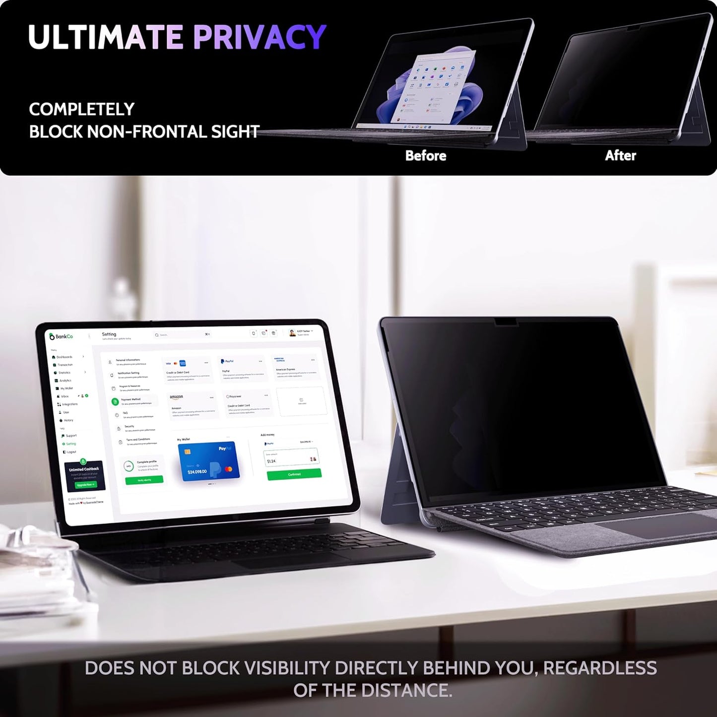 Privacy Screen for 10.5 Inch Surface Go 4/3/2/1, MagicSuction™ Removable Anti Spy Black Protector, Glare Blue Light Filter for Microsoft Laptop Computer Monitor