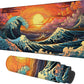 Gaming Desk Pad Large Extra Length Japanese Blue Waves Mouse Pad Keyboard Laptop Non-Slip Waterproof with Rubber Base Thick Stitched Edge Mouse Mat for Office Home 35.4 x 15.7 Inches