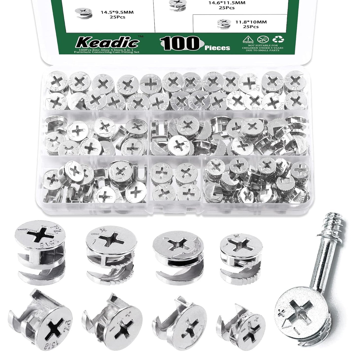 Keadic 100 Pcs 4 Sizes Cam Locks for Furniture, 3-in-1 Eccentric Wheels, Furniture Cam Lock Nuts Furniture Connecting Cam Lock Fittings Assortment Kit for Wardrobe Drawer Closets Bed