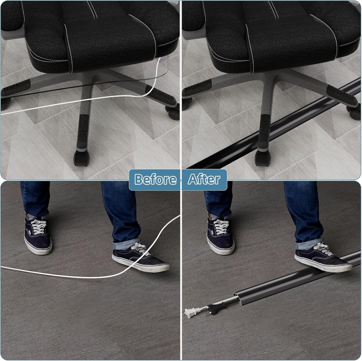 4ft Side Buckle Floor Cord Cover for Wires, Selfadhesive Extension Cord Hider Easy Floor Cable Management Prevent Cable Trips,Silicone Floor Wire Covers for Cords, Cable Protector Cord Cavity（Black）