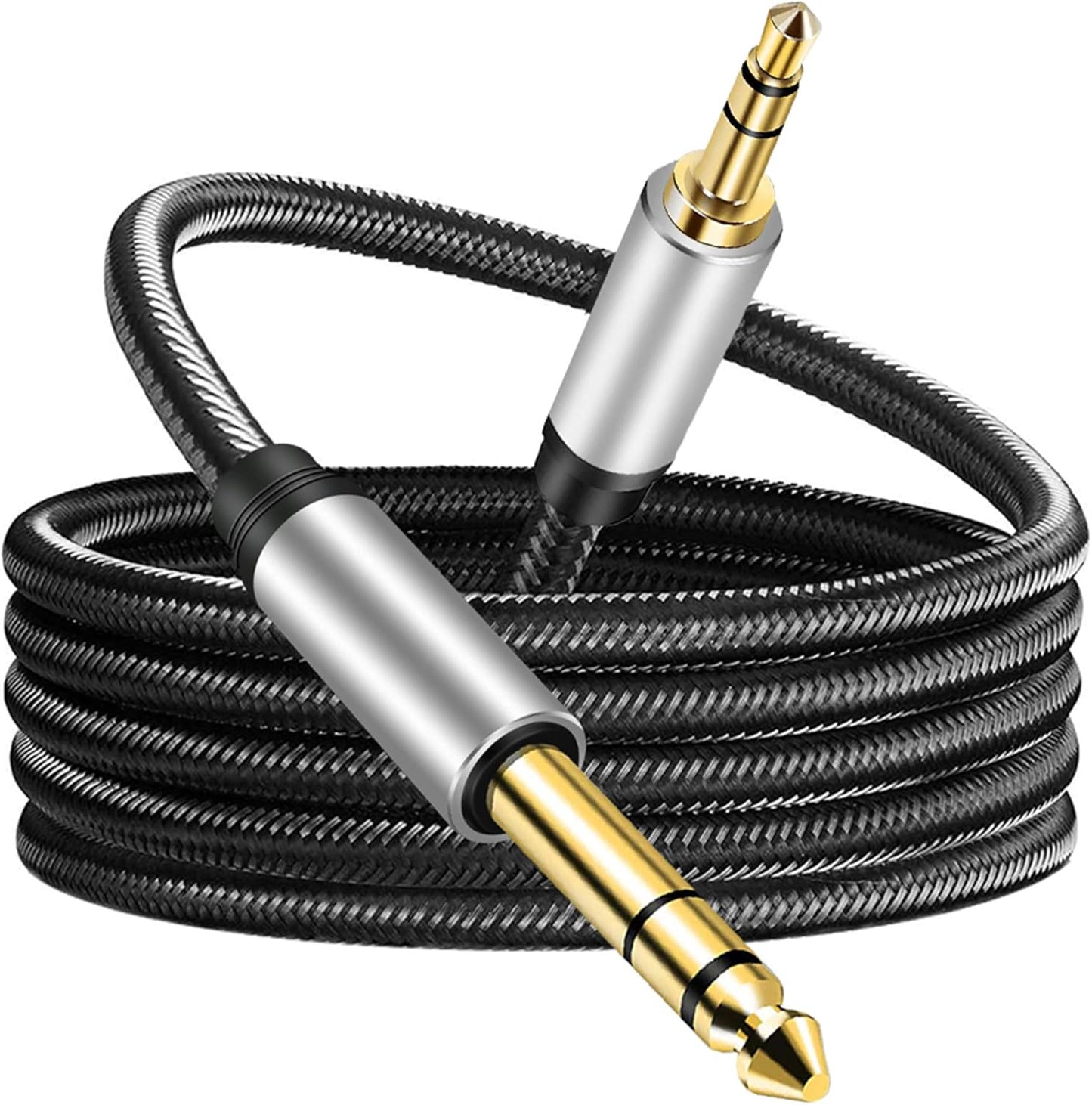 3.5 mm to 6.35 mm Audio Cable 50Ft, Gold-Plated Terminal Silver Color Zinc Alloy Housing 3.5mm 1/8" Male TRS to 6.35mm 1/4" Male TRS Nylon Braided Stereo Audio Cable for Cellphone and More(50Ft/15M)