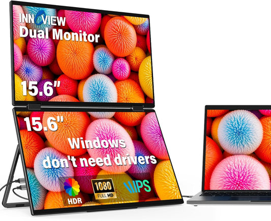 InnoView 15.6" Dual Portable Monitor 1920x1080P FHD 315°Adjustable Dual Stacked Foldable Monitor Built-in Speakers Screen Extender with HDMI/USB-C for Laptop Windows Mac
