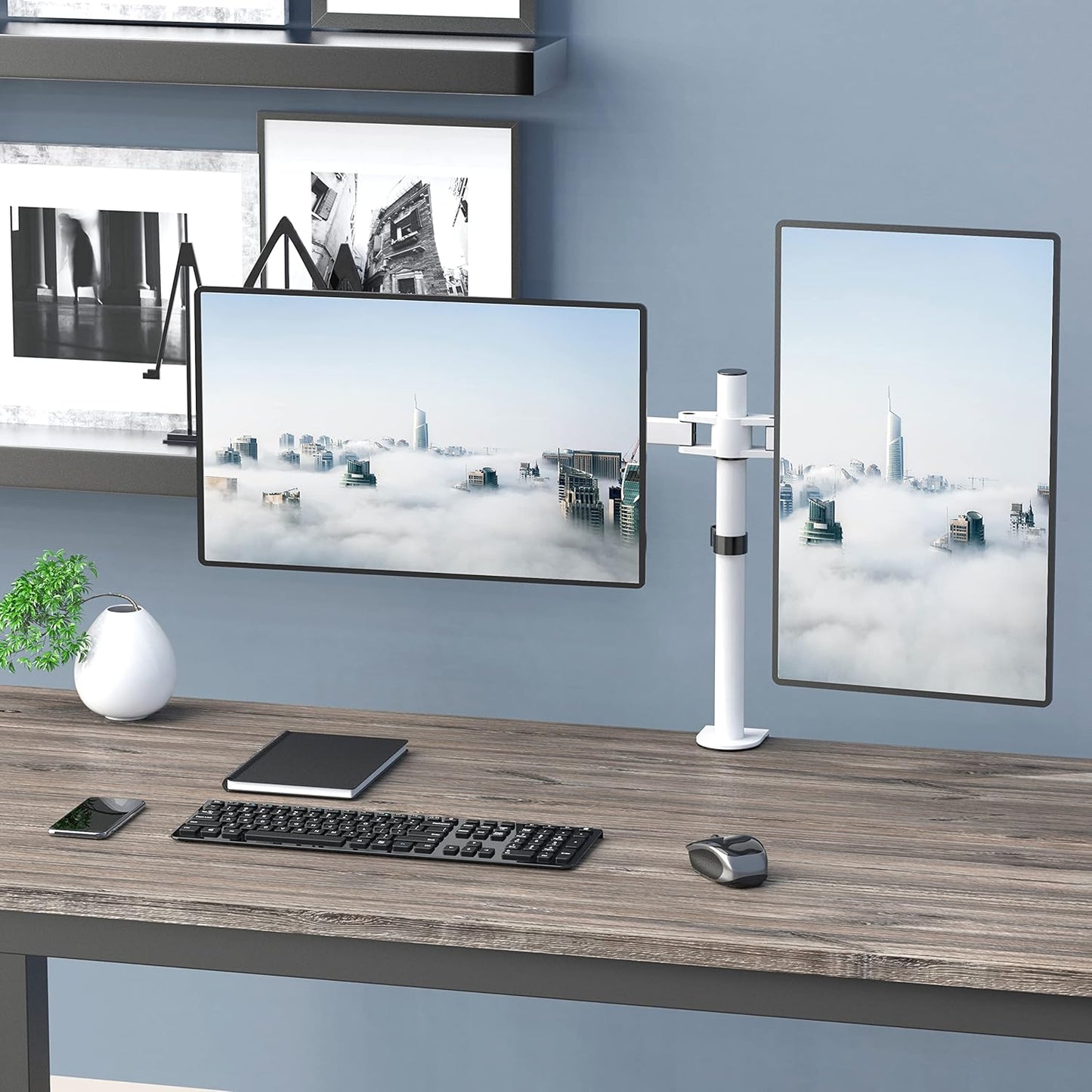 WALI Dual LCD Monitor Fully Adjustable Desk Mount Stand Fits 2 Screens up to 27 inch, 22 lbs. Weight Capacity per Arm (M002-W), White