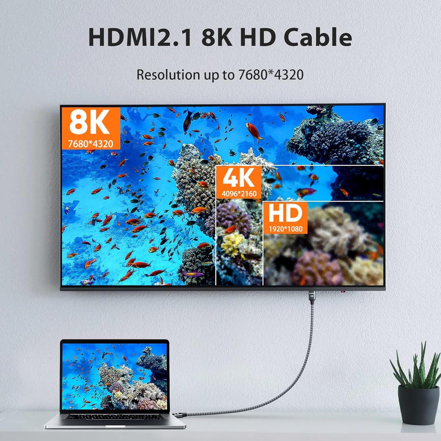 ARISKEEN 8K HDMI Cable 3 FT, 48Gbps High Speed HDMI 2.1 Cable, 8K 60Hz, 4K 120Hz 144Hz Braided HDMI Cord - 3 Feet