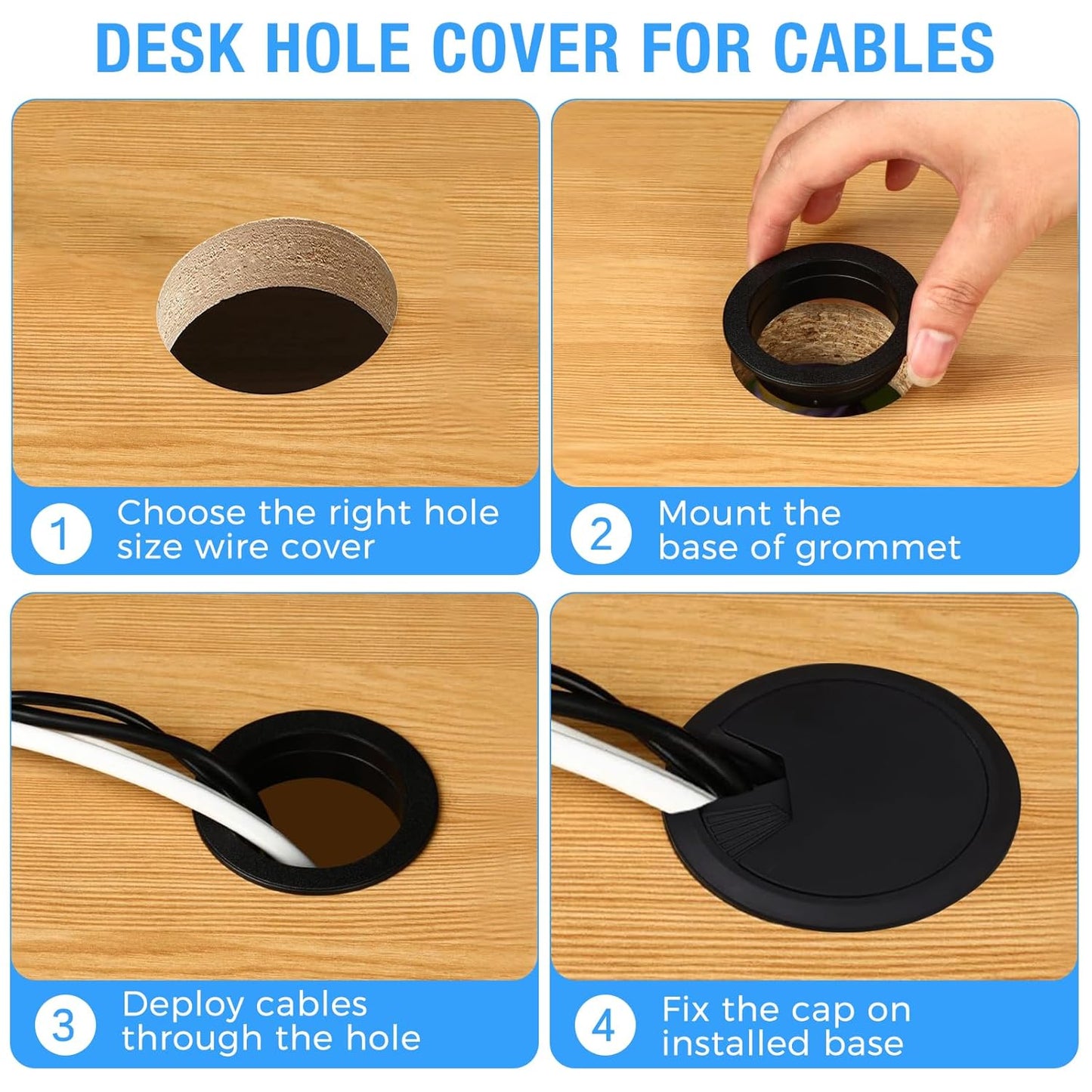 Desk Grommet 2-3/8" (60 mm), Desk Cord Hole Cover, Cable Grommet ABS Plastic, Desk Hole Grommet for Office and Home Table Cable, Detachable Adjustable Cable Cord Organizer (Light Grey 4 Pcs)