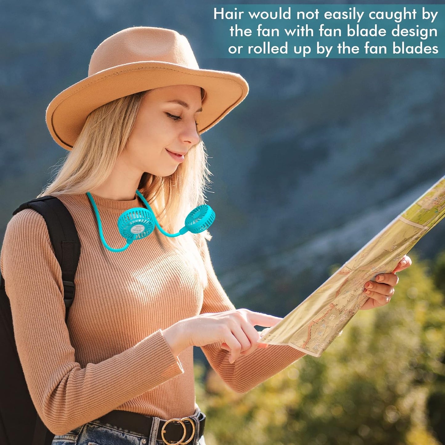 Portable Neck Fan, 2600mAh Battery Operated, Ultra Quiet Hands Free USB Fan with 3 Speeds, Strong Wind, 360° Adjustable High Flexibility Wearable Personal Fan for Sport Office Outdoor Travel (Cyan)
