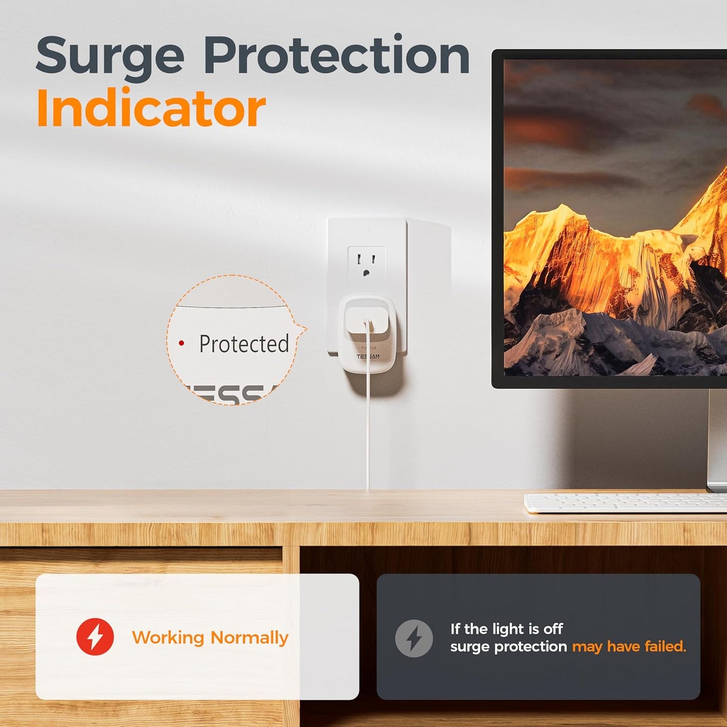 Surge Protector 1050 Joules, TESSAN Single Plug Surge Protector with Protected Light Indicator, 1875W Max Portable Wall Outlet for Appliances, TV, Computer, Refrigerator, Treadmill, Massage Chair