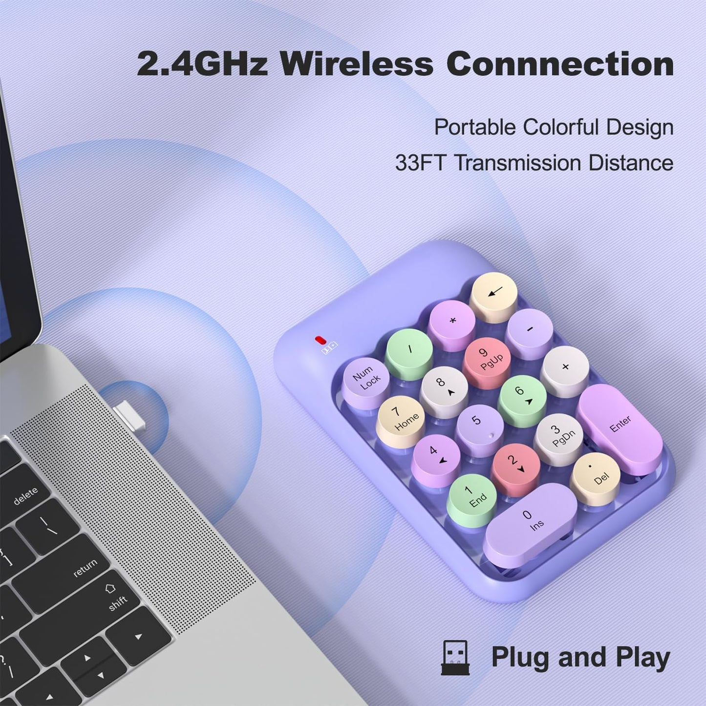 MOFII Wireless Number Pads - Purple Numeric Keypad 18 Keys USB 2.4G Round Keycap Colorful Extensions Keypads, Financial Accounting Portable Numpad 10 Key for Laptop/PC/Notebook/Surface Pro
