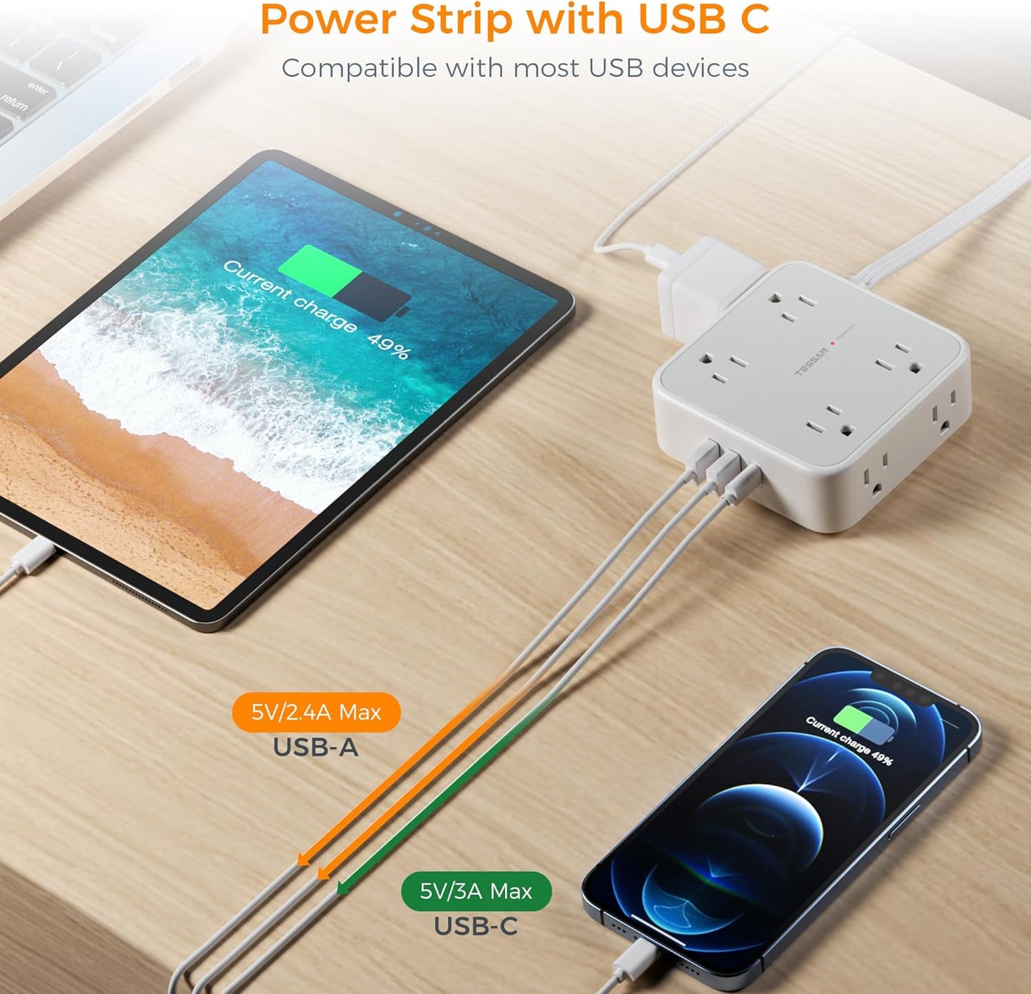 Flat Plug Long Extension Cord 25 Ft, TESSAN Power Strip Surge Protector with 8 Outlets 3 USB Ports (1 USB C), 900J Protection Desktop Charging Station for Home, Office, Dorm Room Essentials