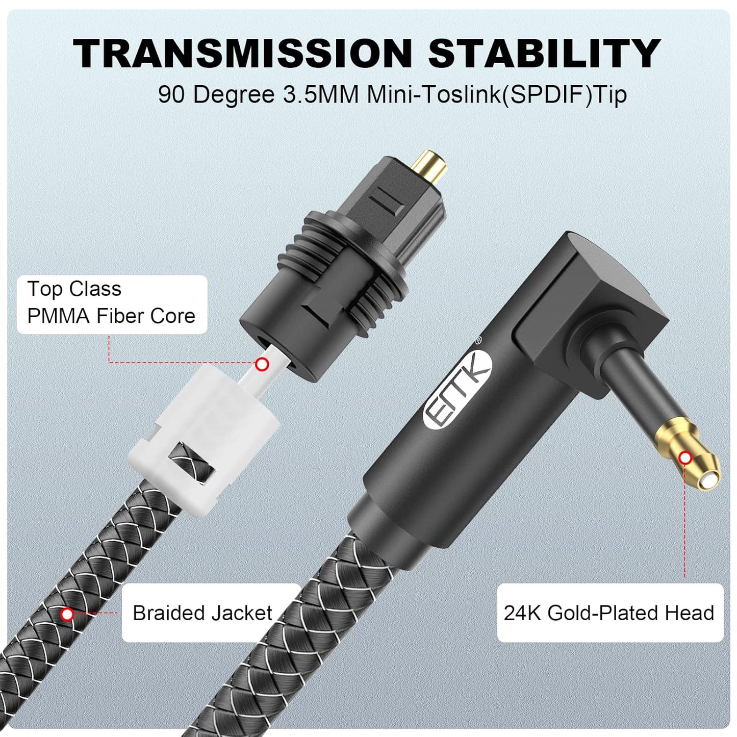 EMK Premium 90° Right-Angle Mini Toslink Cable (5Ft/1.5M) - 3.5mm Optical Digital Audio Cable for Sound Bars, TVs & Home Theater - SPDIF/Toslink Compatible, Black