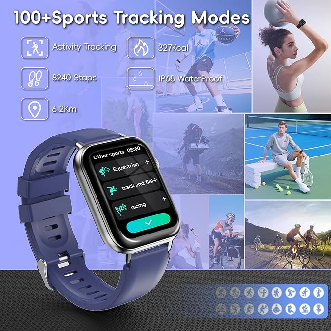 Smart Watch for Men Women Answer/Make Call, 1.85" HD Fitness Tracker with 24/7 Heart Rate & Sleep Monitor, 110+ Sports Modes, IP68 Waterproof Smartwatch, Long Battery Life for Android iOS, Blue