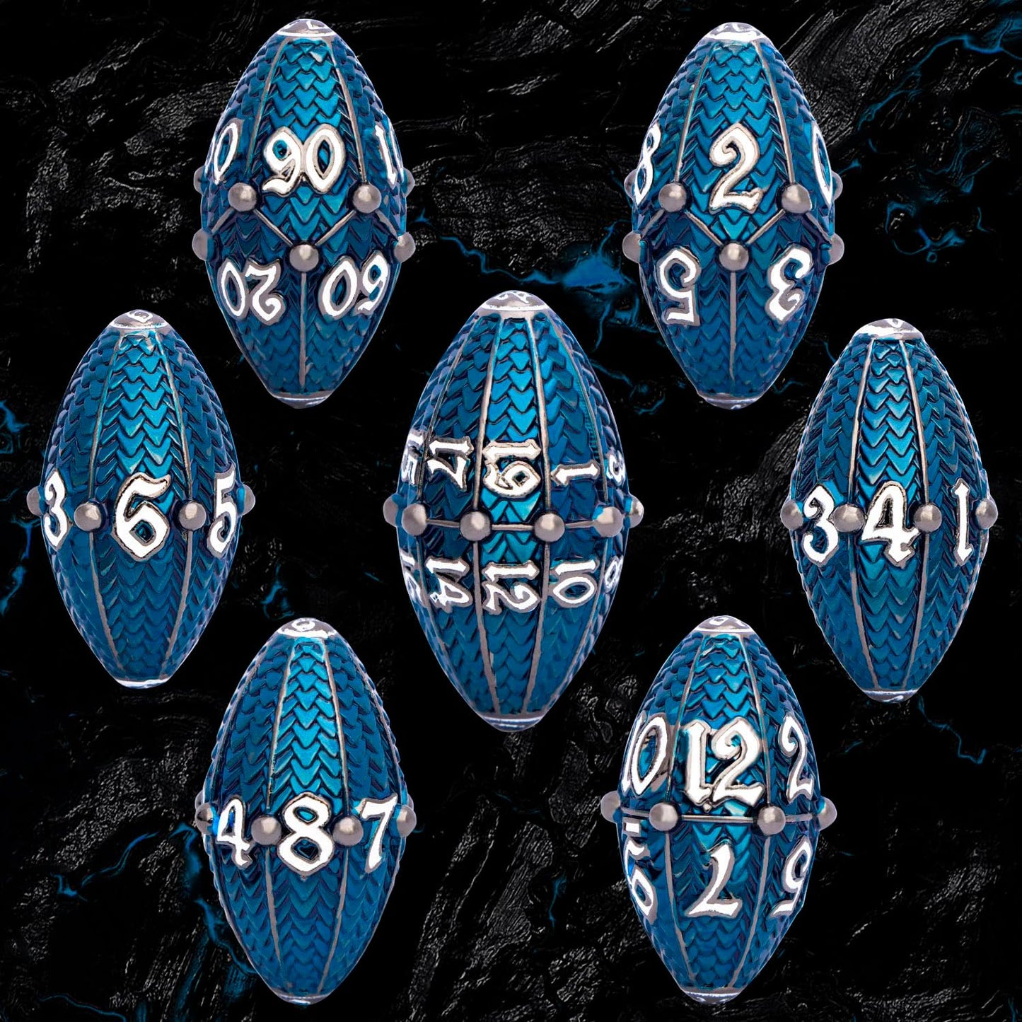 ARUOHHA DND Metal Dice Black Blue Dragon Egg Dice with Metal Box, Role Playing Game Polyhedral D and D Dice Set D20 D12 D10 D8 D6 D4