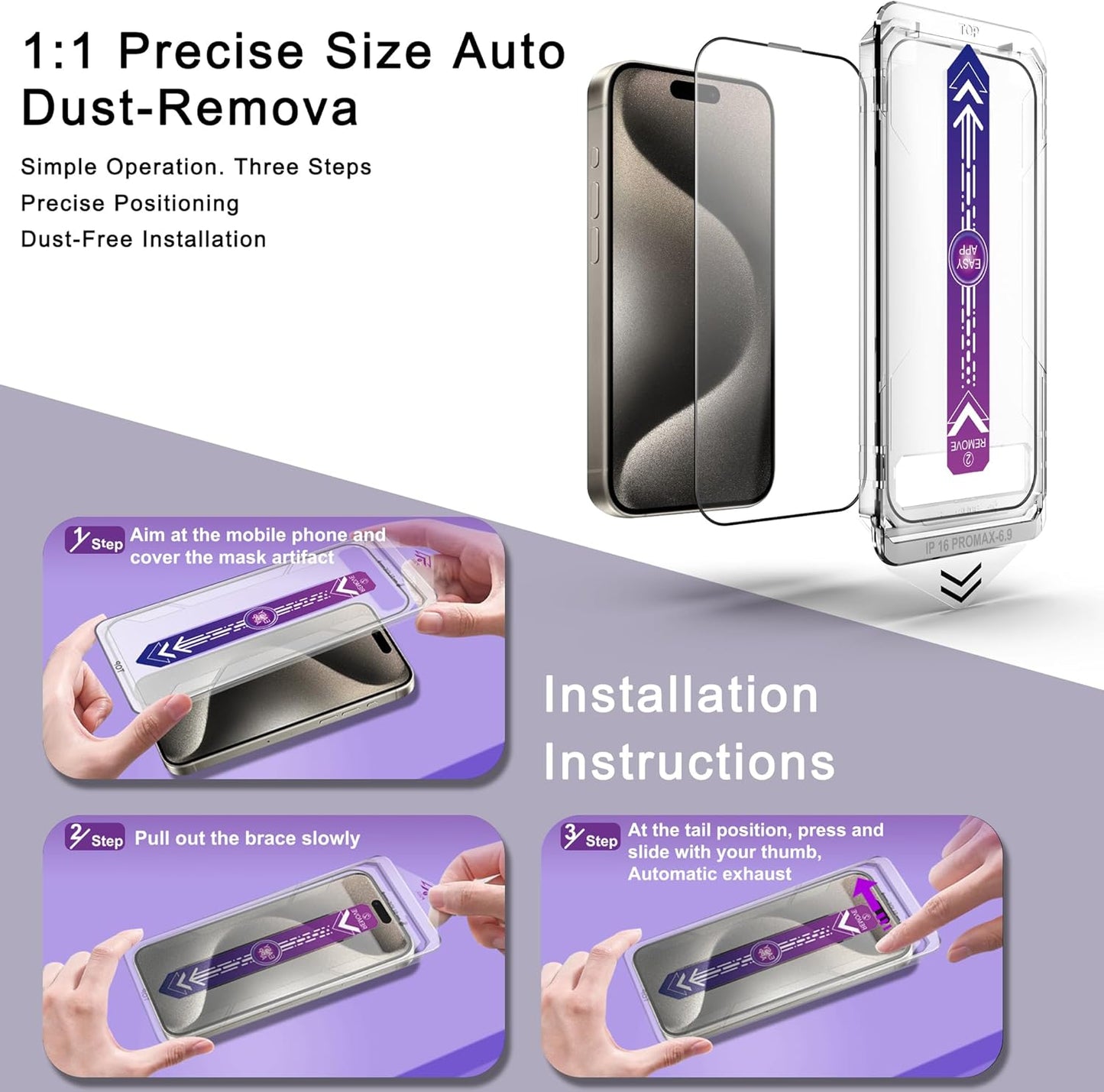 2 Pack Screen Protector for iPhone 16 Pro Max, 9H Tempered Glass, Full Coverage, Anti-Fingerprint, Auto Dust-Elimination, No Bubble, Easy Installation