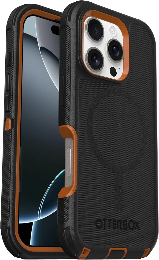 OtterBox iPhone 16 Pro (Only) Defender Series MagSafe Case - Iron Eclipse (Black & Orange) - Built-in Magnets - Screenless - Rugged & Durable - with Port Protection