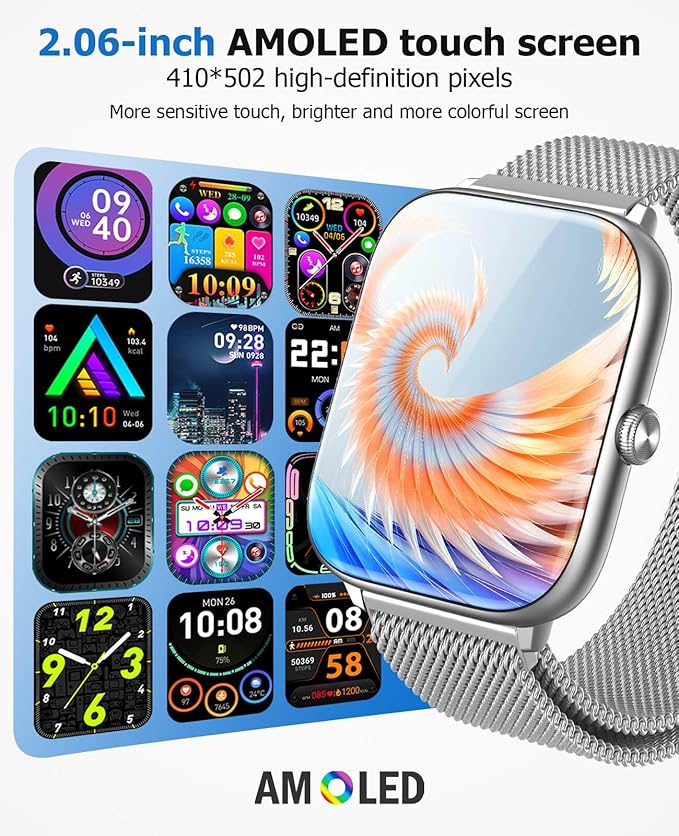 2.06" AMOLED Smart Watch with Blood Pressure, 118 Sports Modes, Fitness Activity Tracker for Men Women, Heart Rate Sleep SpO2 and Stress Monitor, IP68 Waterproof, Ideal Gift, Android iPhone Compatible