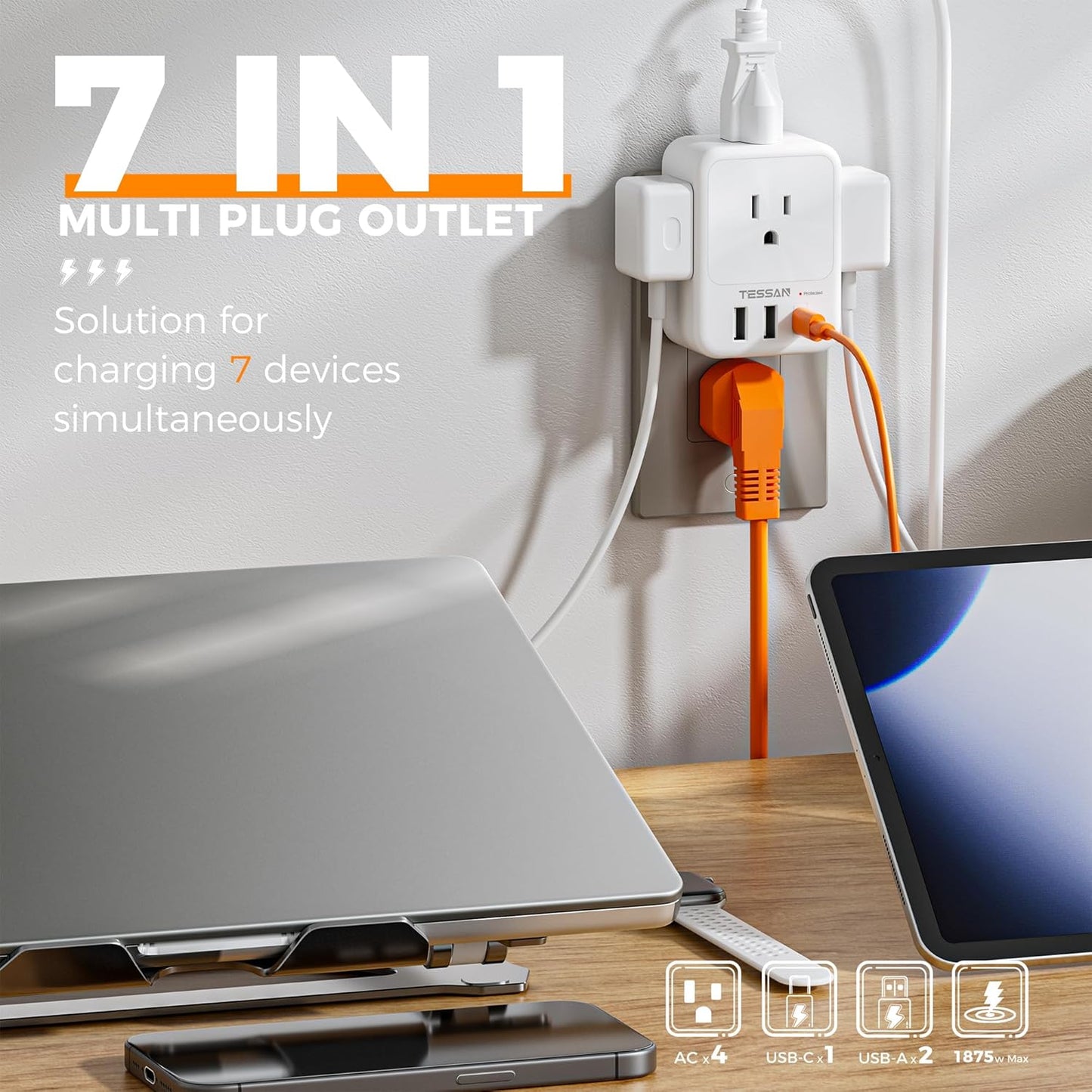 USB Charger Block, TESSAN Outlet Extender Surge Protector with USB C, 4 AC Multi Plug Wall Outlet Splitter 1875W, Electrical Plug Expander for Home Office Dorm Room Essentials, White