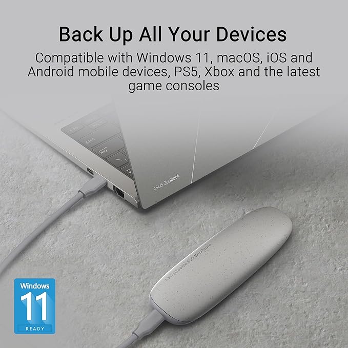 ASUS Cobble M.2 SSD Enclosure, Tool-Free USB-C 10Gbps External NVMe/SATA Case, Aluminum Cooling, IP55 Water & Dust Resistant, Supports M.2 2230–2280, for PS5, MacBook & Windows, Gray