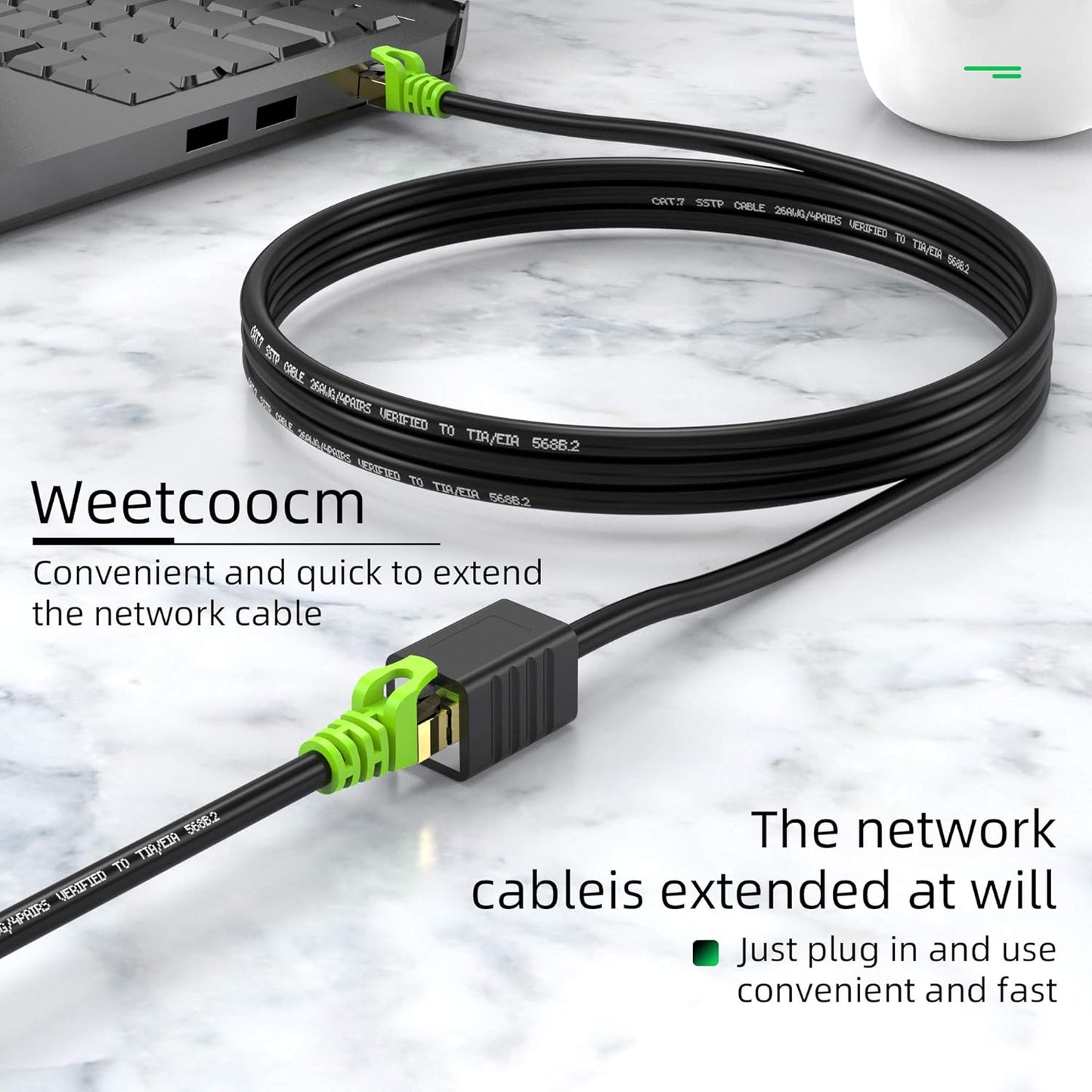 Ethernet Extension Cable 15ft, Network Cat6a Extension Patch Cable RJ45 Cords Shielded Male to Female Connector (15FT)