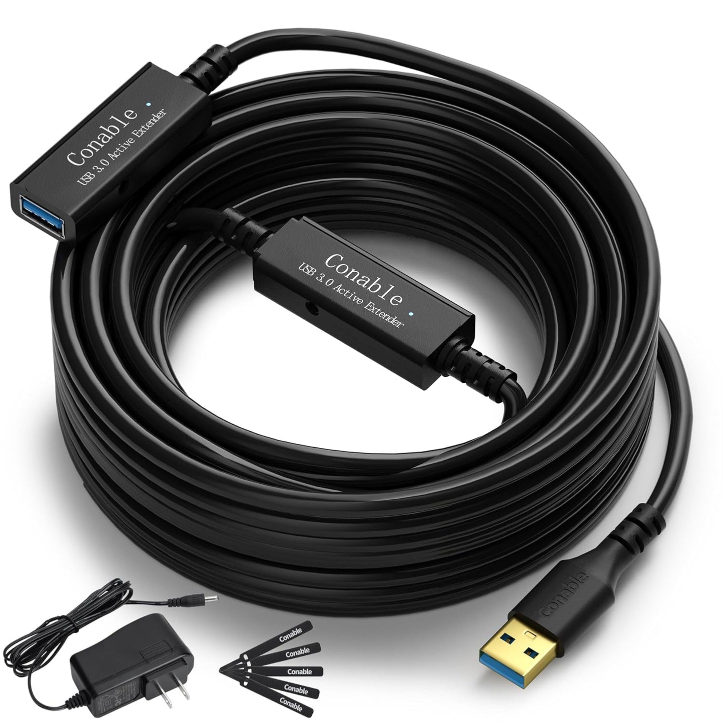 USB 3.0 Active Extension Cable 50 Feet, Long USB Type-A Male to Female Extender Cord, Built-in 2 Signal Booster Smart Chips, 5Gbps Transfer, Black USB Extension Cable with an AC Power Adapter (5V 2A)