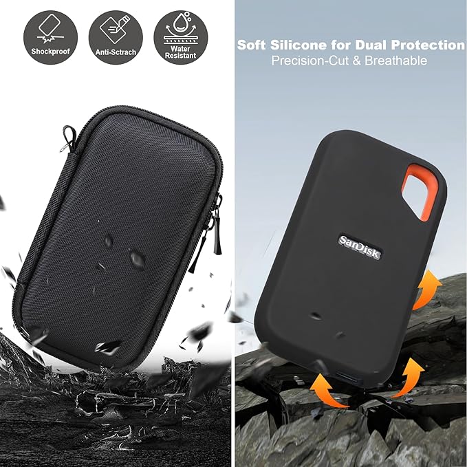 Lacdo Carrying Case for SanDisk Extreme Portable SSD, Hard EVA Case + Soft Silicone Case Protective Cover for SanDisk Extreme External Solid State Drive 500GB 1TB 2TB 4TB 8TB SanDisk SSD Case, Black