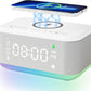 Alarm Clock Speaker Wireless Charger, Digital Alarm Clocks Bedrooms Bluetooth, Alarm Clock Dimmable Light Bedrooms Dual Alarm Snooze Dimmer 12 24H RGB Night Light Bluetooth USB AUX, White