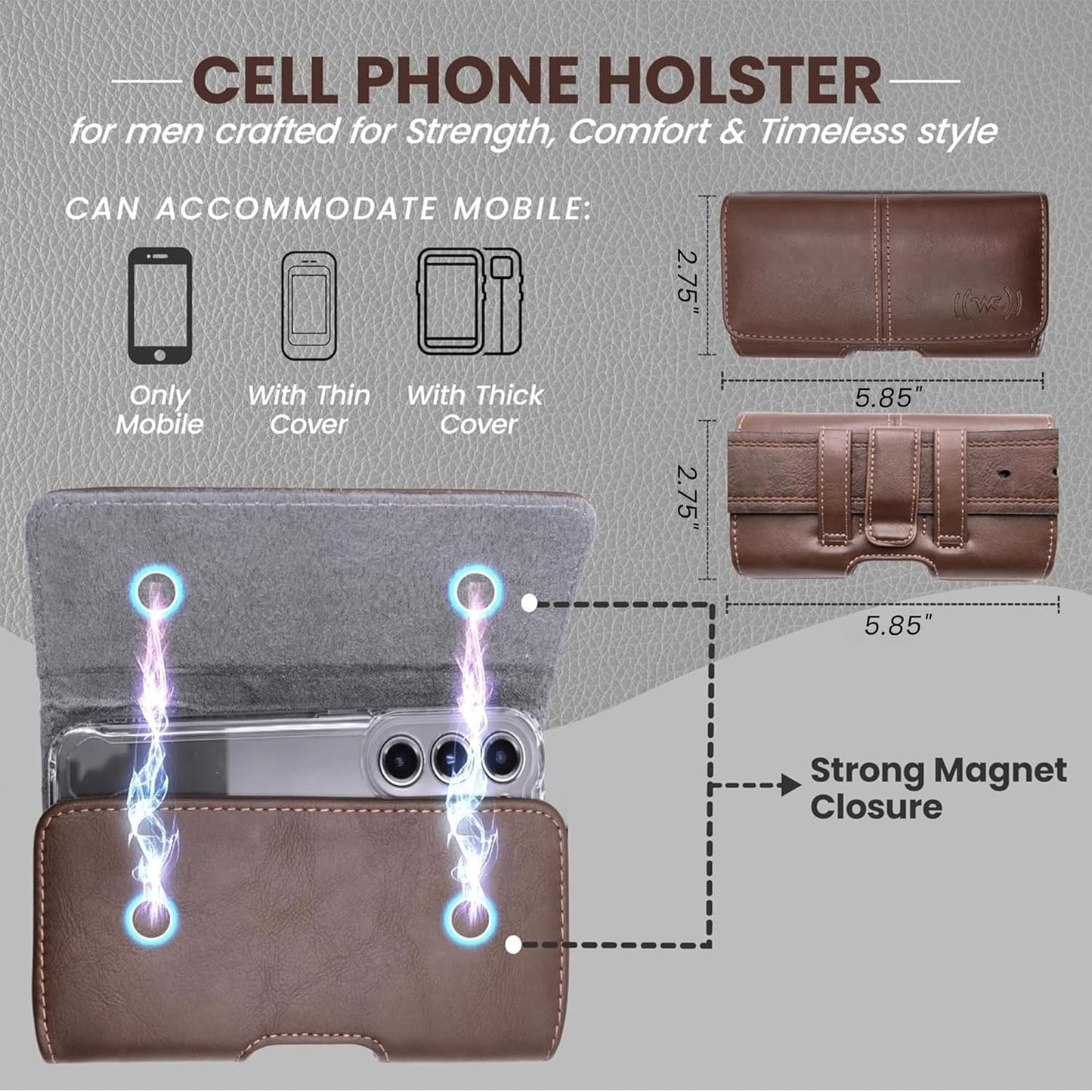 Leather Phone Holster for Men & Women, Horizontal Cell Phone Case, Fits iPhone 13/12 Mini, SE, Xs/X, 8, 6s - Belt Clip/Loop Carrying Phone Pouch Holder, Brown Small