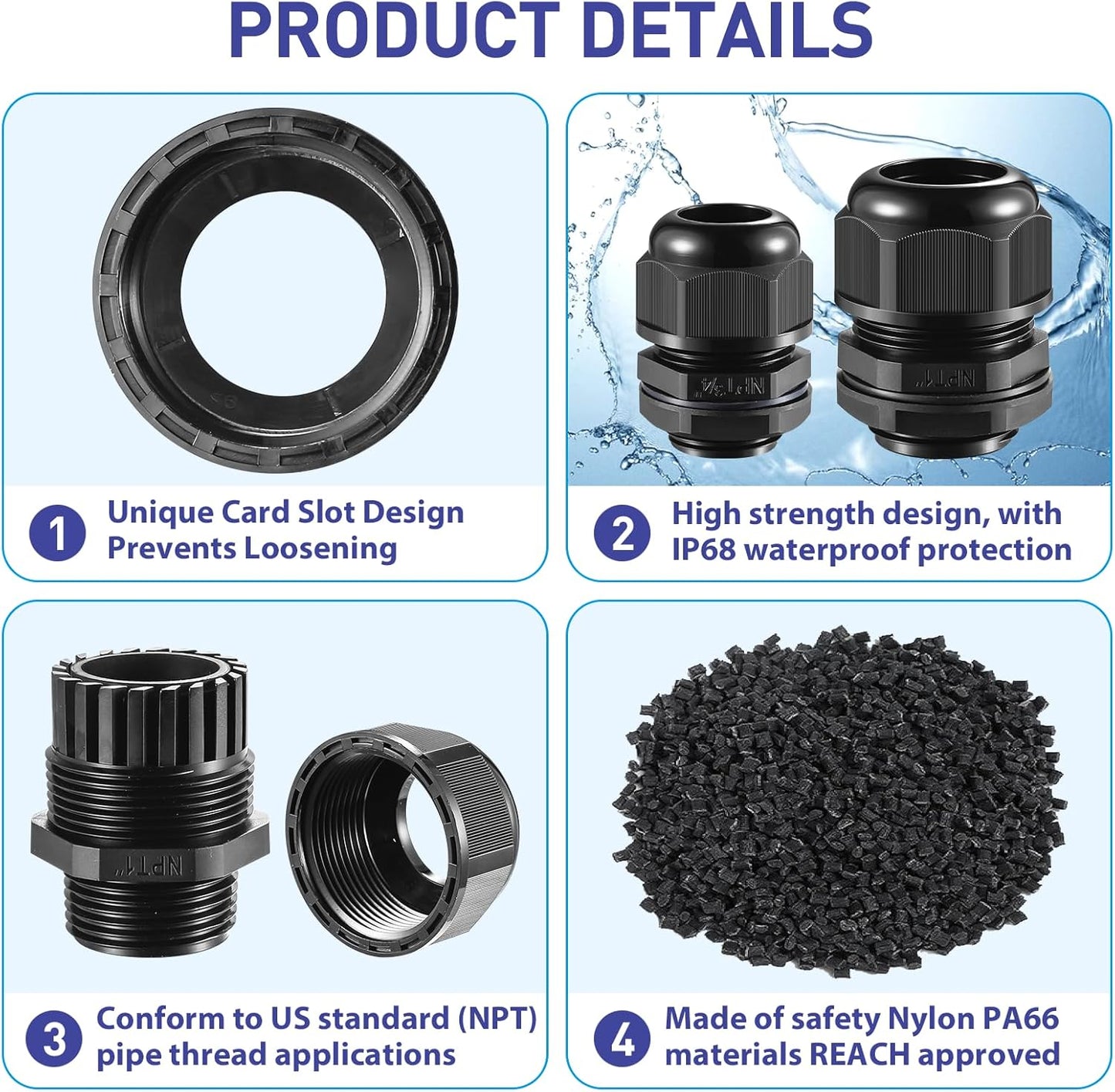 25 PCS 1/2"(6-12.5mm) NPT Nylon Cable Gland Joints with Gaskets, IP68 Adjustable Lock Nut Strain Relief Cord Grip Waterproof Cable Glands - UL Listed and RoHS Compliant