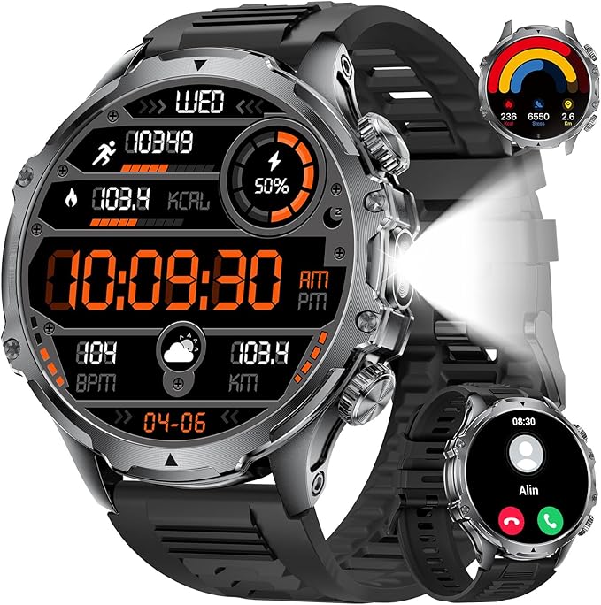 SUNKTA Smart Watch for Men,1.85" HD/800mAh Battery Smart Watches with LED Flashlight (Bluetooth Call Answer/Calls) Fitness Tracker with Heart Rate/Sleep Tracking/Blood Oxygen for Android iOS Black