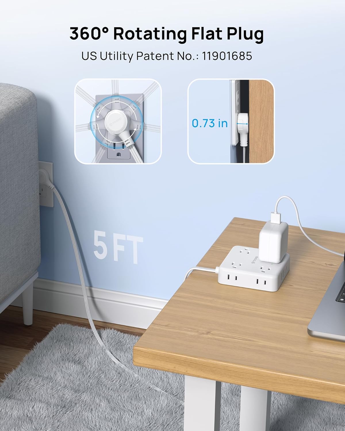 TROND 360° Rotating Plug Power Strip, 5FT Flat Extension Cord with Multiple Outlets 4 USB (2 USB C), Wall Mount Surge Protector 1440 Joules for Home Office Travel Dorm Room Essentials, White