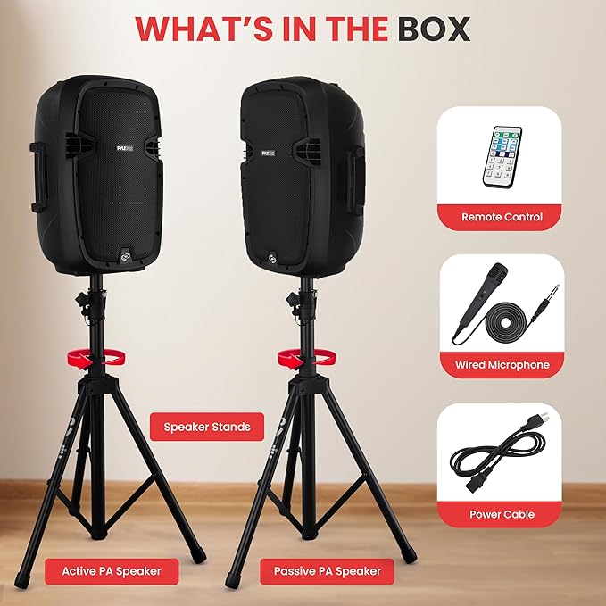 Pyle Wireless Portable PA system - 1000W High Powered Bluetooth Compatible Active + Passive Pair Outdoor Sound Speakers w/ USB SD MP3 AUX - 35mm Mount, 2 Stand, Microphone, Remote - Pyle PPHP1049KT