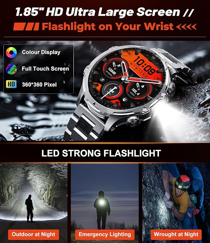 SUNKTA Smart Watch for Men,1.85" HD/800mAh Battery Smart Watches with LED Flashlight (Bluetooth Call Answer/Calls) Fitness Tracker with Heart Rate/Sleep Tracking/Blood Oxygen for Android iOS Black