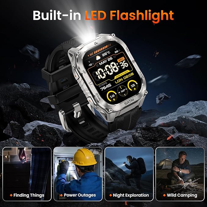 KOSPET Tank M4C Outdoor Smart Watch with GPS, 1.96" AMOLED Display, Built-in LED Flashlight & Walkie-Talkie, Long Battery Life, 5ATM Waterproof, Bluetooth Calls, 24/7 Heart Rate/Sleep Monitor