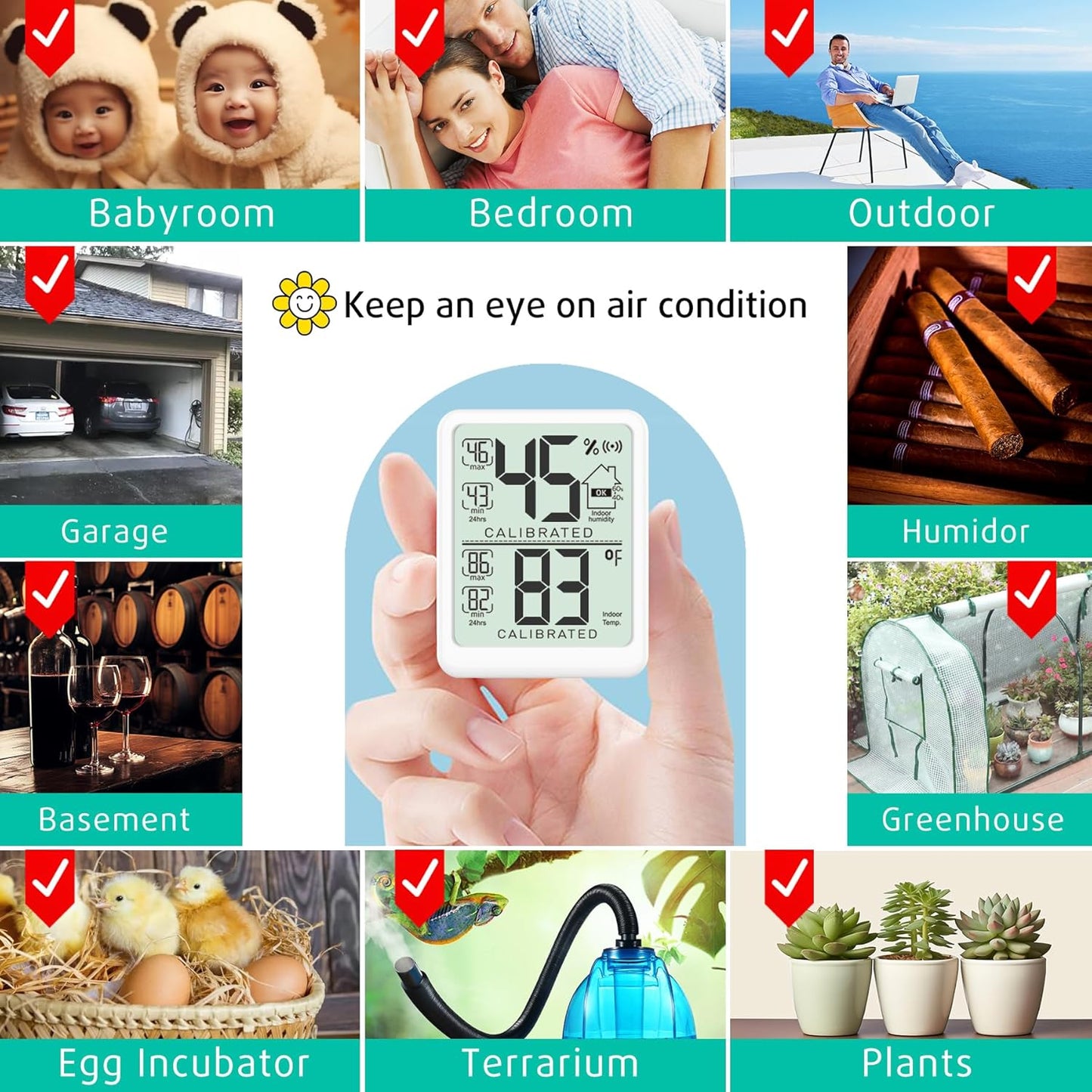 Antonki Room Thermometer, Digital Small Hygrometer Indoor Thermometer Humidity Gauge, Temperature Humidity Meter with Max/Min Record Monitor Sensor for Home, Plants - Battery Included
