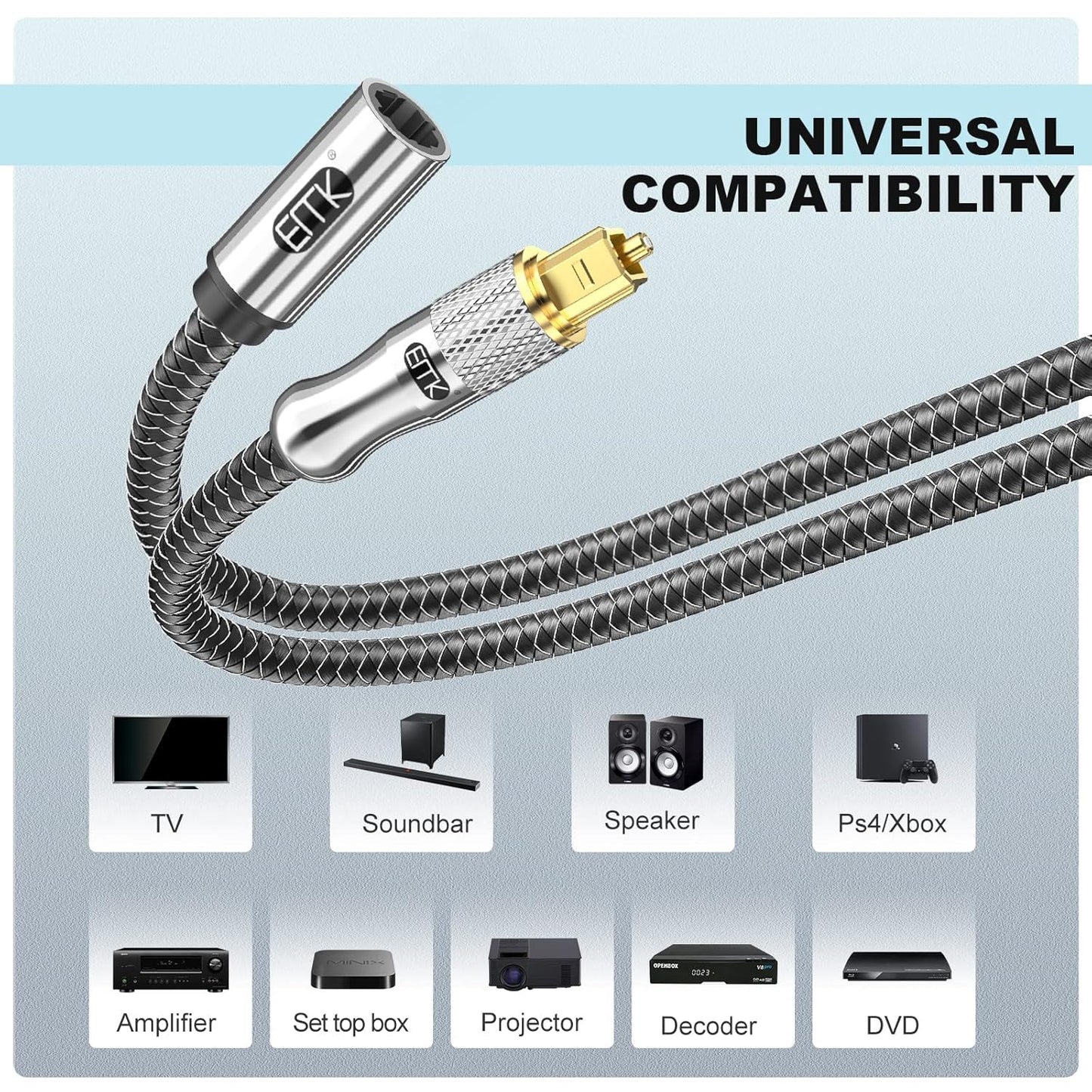 EMK Optical Cable Extension, 24K Gold-Plated Optical Audio Cable Toslink Female to Male Audio Extended Cable Compatible for Sound Bar,Home Theater (6 Feet/2M, Optic Extension, Silver2)