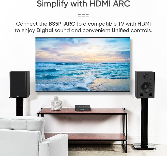 NEUMI BS5P-ARC 75-Watt Powered Bookshelf Speakers, Bluetooth, HDMI, USB, Optical, Coaxial, Remote Control, 5-Inch Woofer, 1-Inch Tweeter, Dark Wood, 1 Pair