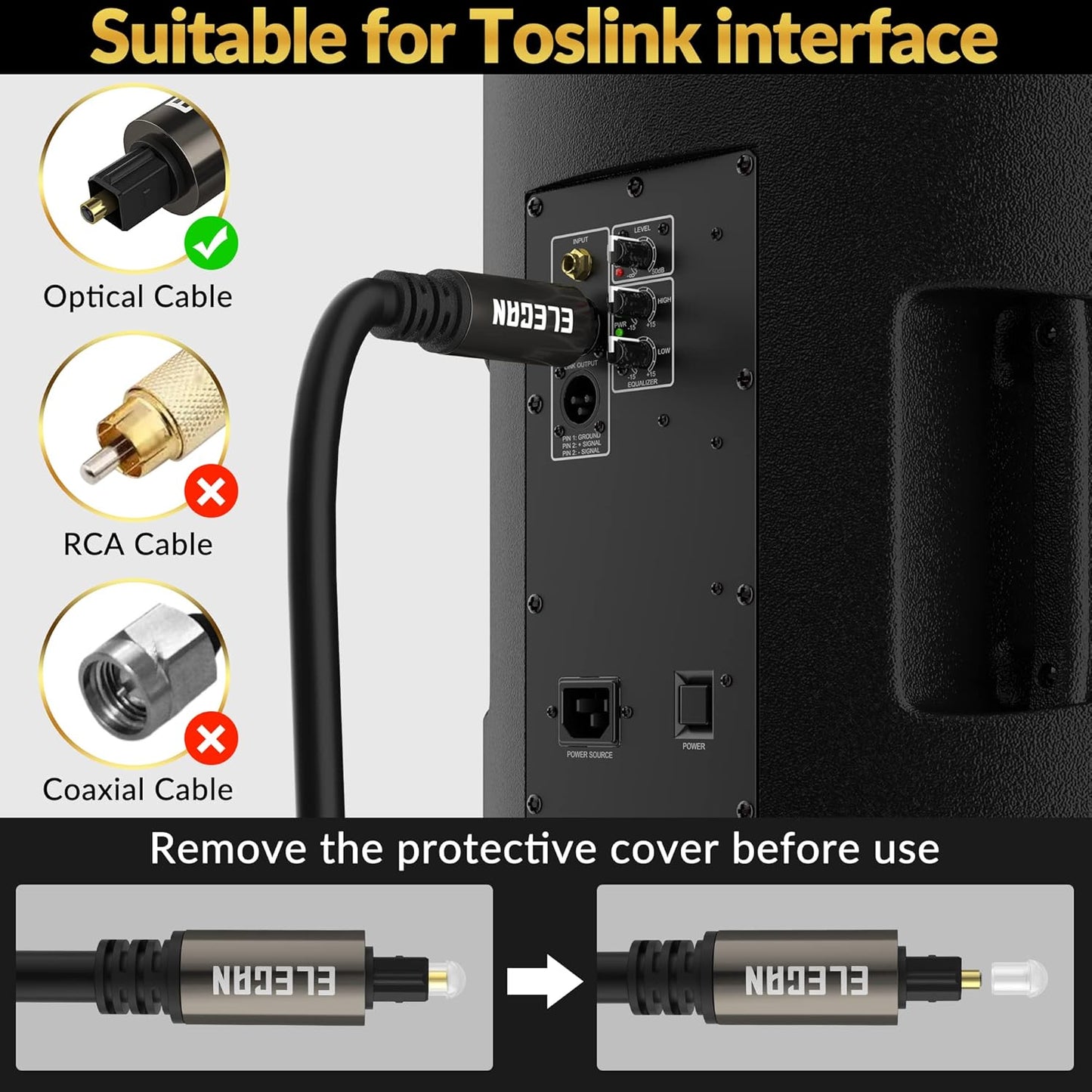 Elecan Optical Audio Cable 8 Ft/2 Pack Digital Audio Toslink Cable Cord-Fiber Optic-Gold Plated-Flexiable&Durable-for Home Theater,Sound Bar,PS4& Xbox-with Right Angled+Mini Toslink Adapters+Ties