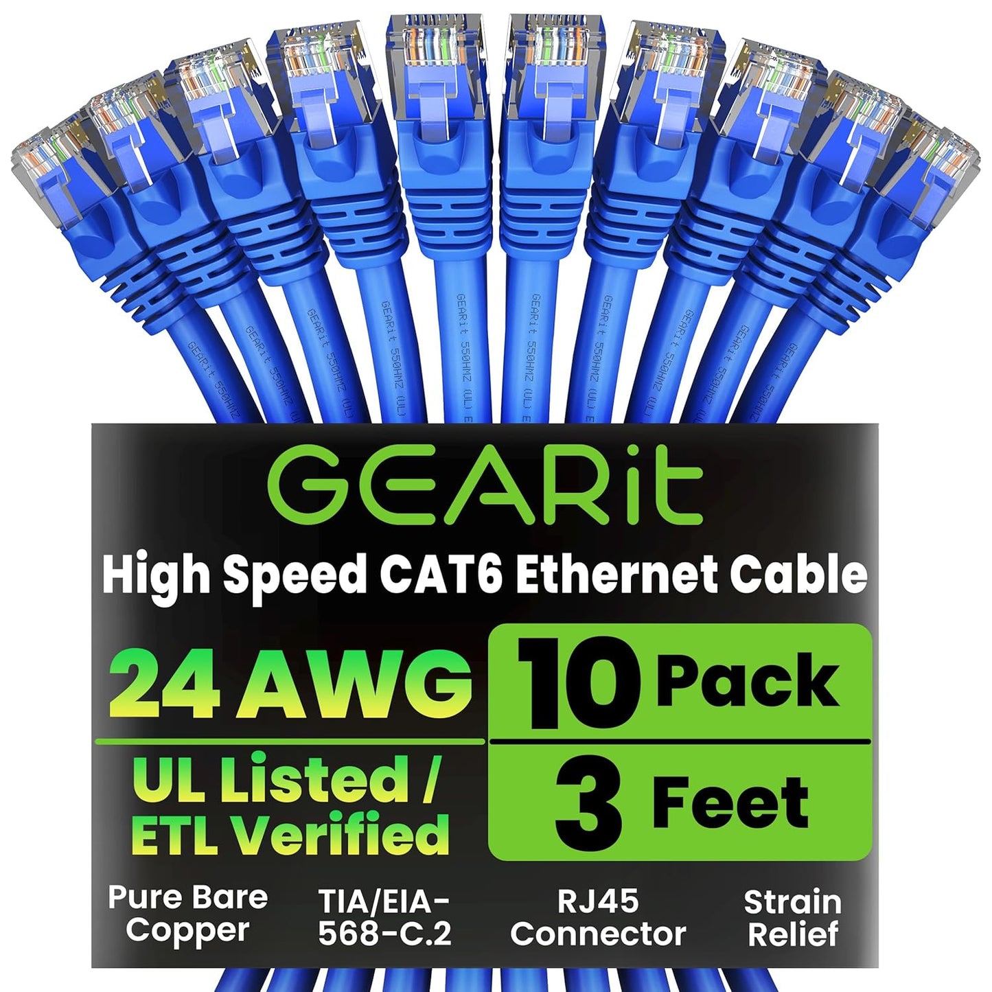 GearIT Cat 6 Ethernet Cable Pack - 10-Pack 3 ft Cat6 Ethernet Patch Cables | RJ45 Network Patch Cable, 10 Gbps Snagless Gold-Plated Connectors - Ethernet Cable Cat 6 for PC, TV, Router - Blue
