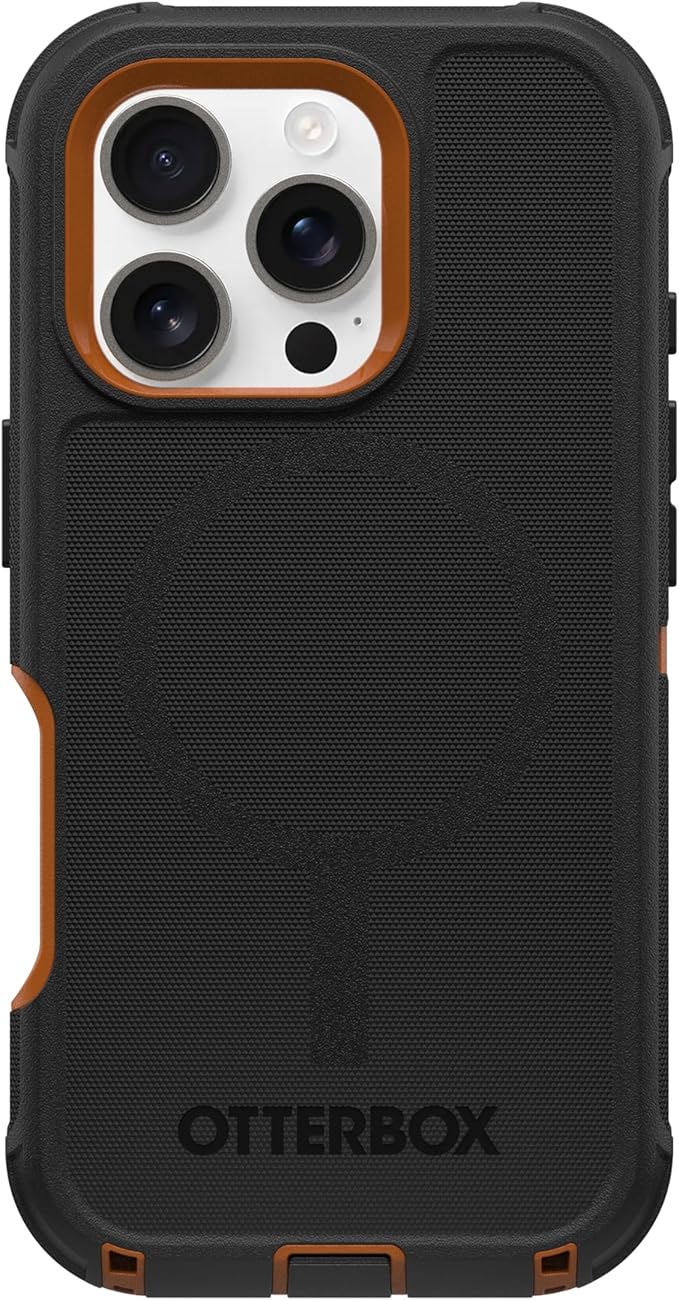 OtterBox iPhone 16 Pro (Only) Defender Series MagSafe Case - Iron Eclipse (Black & Orange) - Built-in Magnets - Screenless - Rugged & Durable - with Port Protection