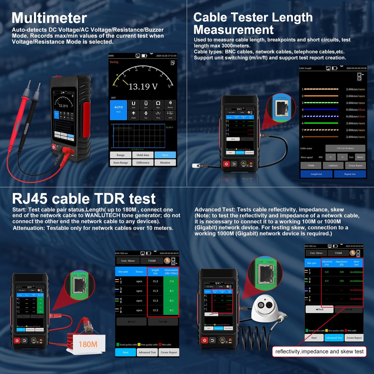 Rechargeable Network Cable Tester, WANLUTECH Tone Generator with Probe Support Digital Multimeter Optical Power Meter Visual Fault Locator Network Test PoE Test Cable Continuity Testing (LT-600M)