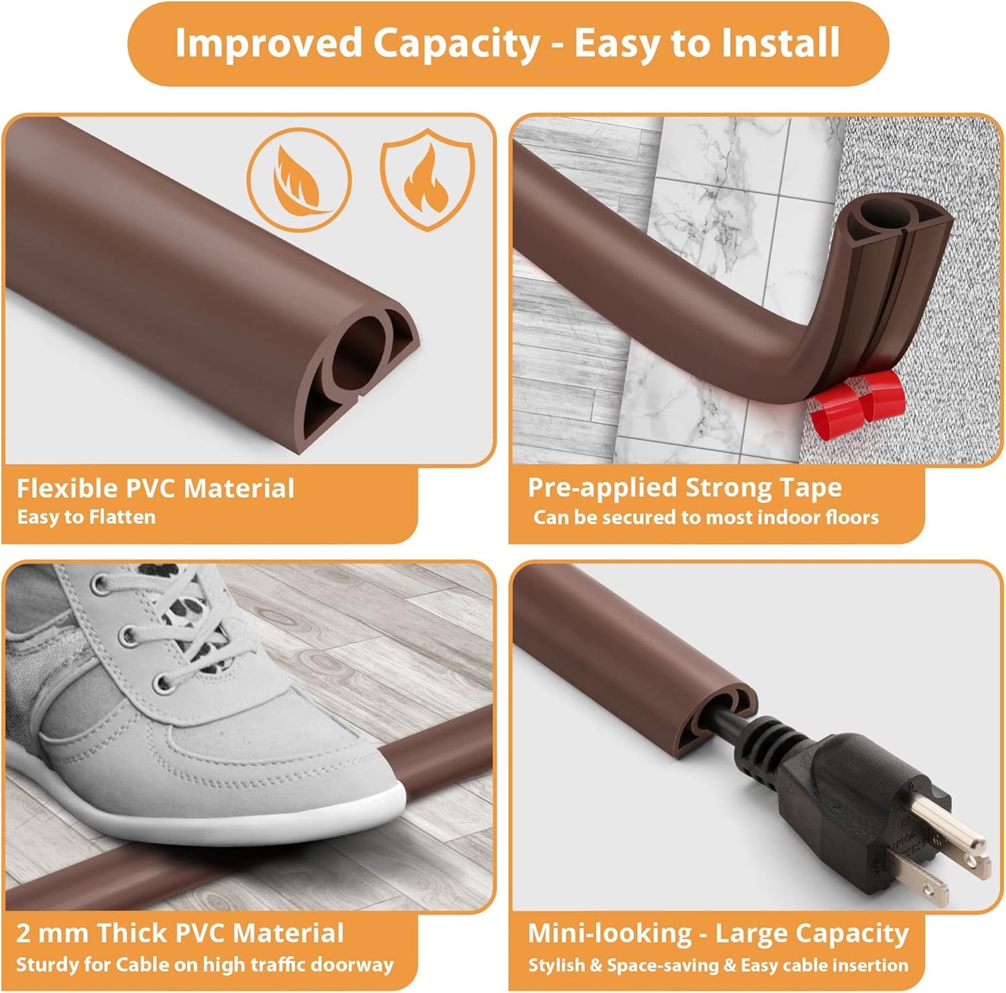 12ft Cord Cover Floor for Extension Cords, Self-Adhesive Floor Cable Cover to Protect Cables & Prevent Tripping, PVC Cord Hider Protector, Internal Wire Management Channel Diameter: 0.39", Brown